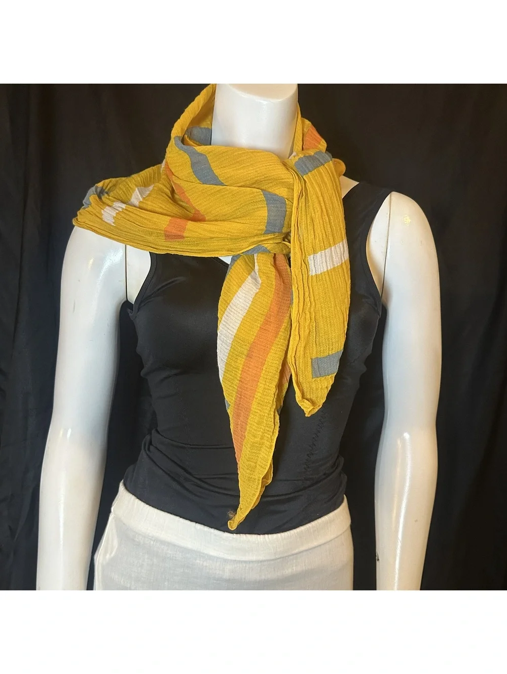 Vintage Lightweight Yellow Striped Scarf with Sailboat Pattern